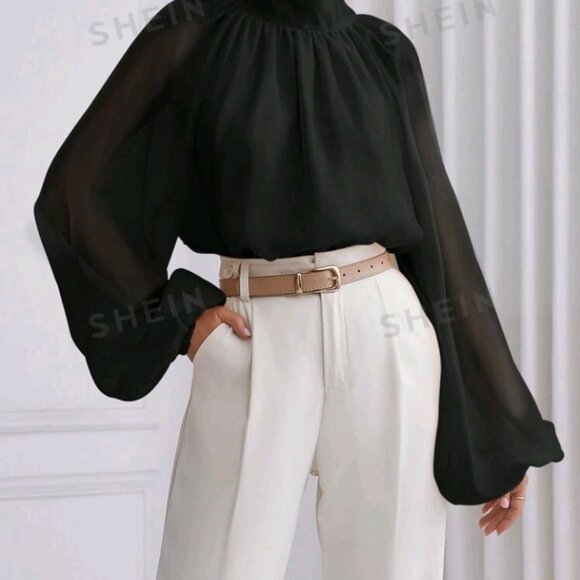 SHEIN Prive` Women's Stand Collar Raglan Lantern Sleeve Shirt - Picture 2 of 7